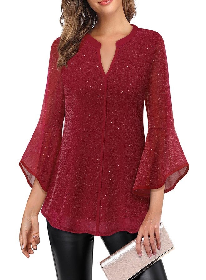 VALOLIA Dressy Tops For Women Night Out, Womens Fancy Blouses And Tops Dressy Casual Long Sleeve Evening Blouses For Women Elegant Classy Vintage Festival Tunic Shirts Sparkly Red X-Large - Image 1